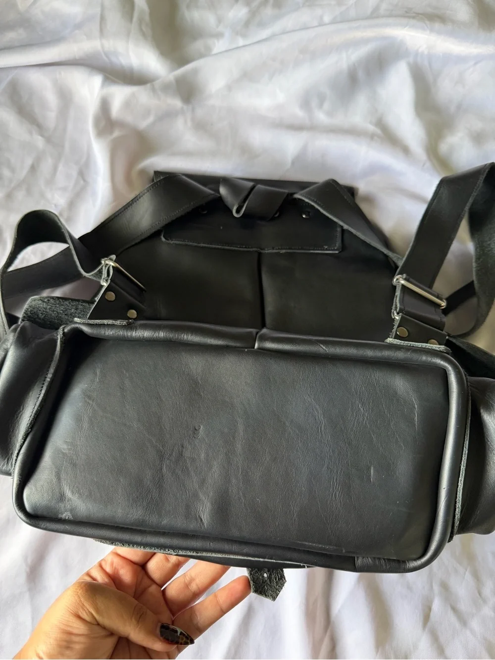 Black Leather Drawstring Backpack - Classic Utility Rucksack